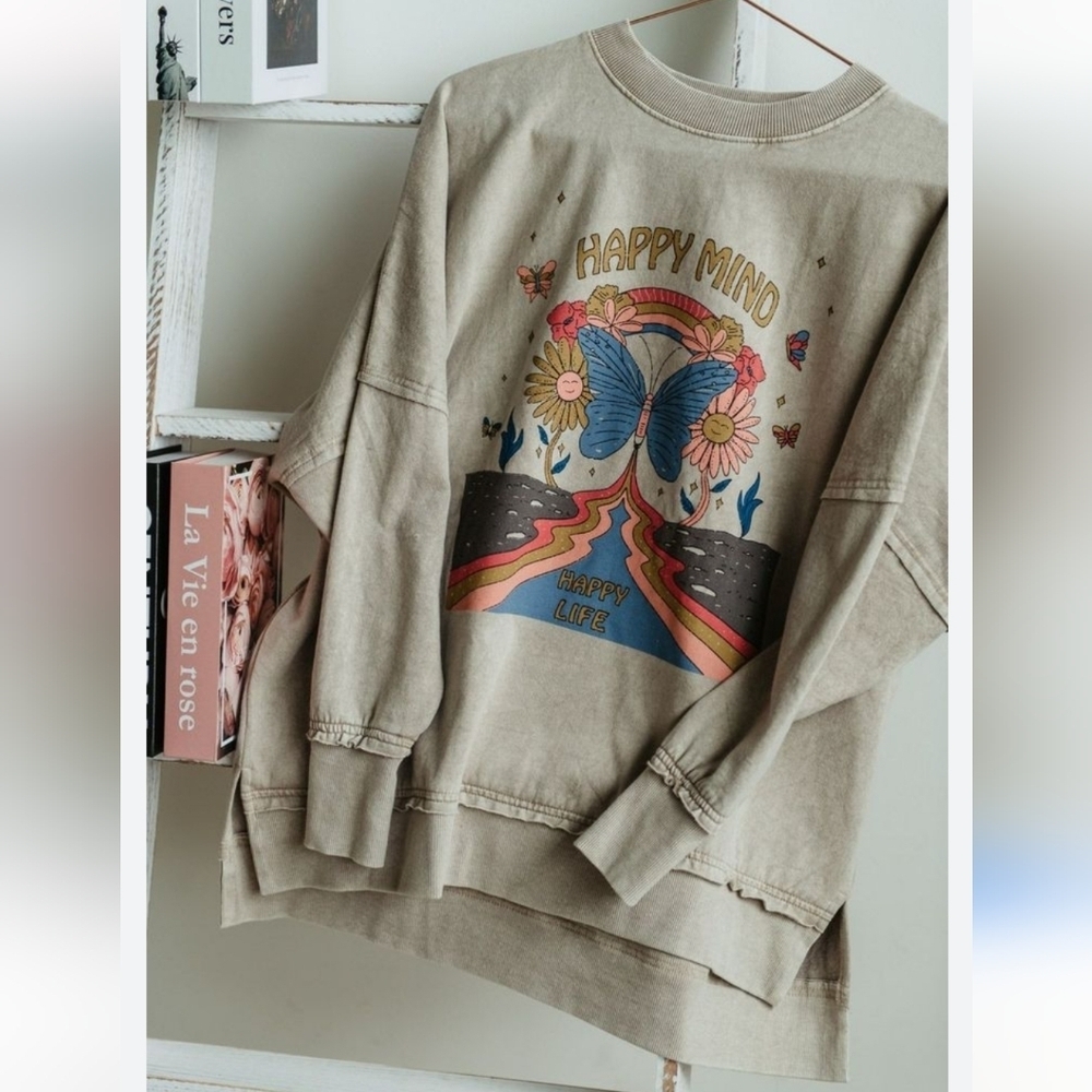 Simply Southern Happy Mind Distressed Pullover Long Sleeve Sweater